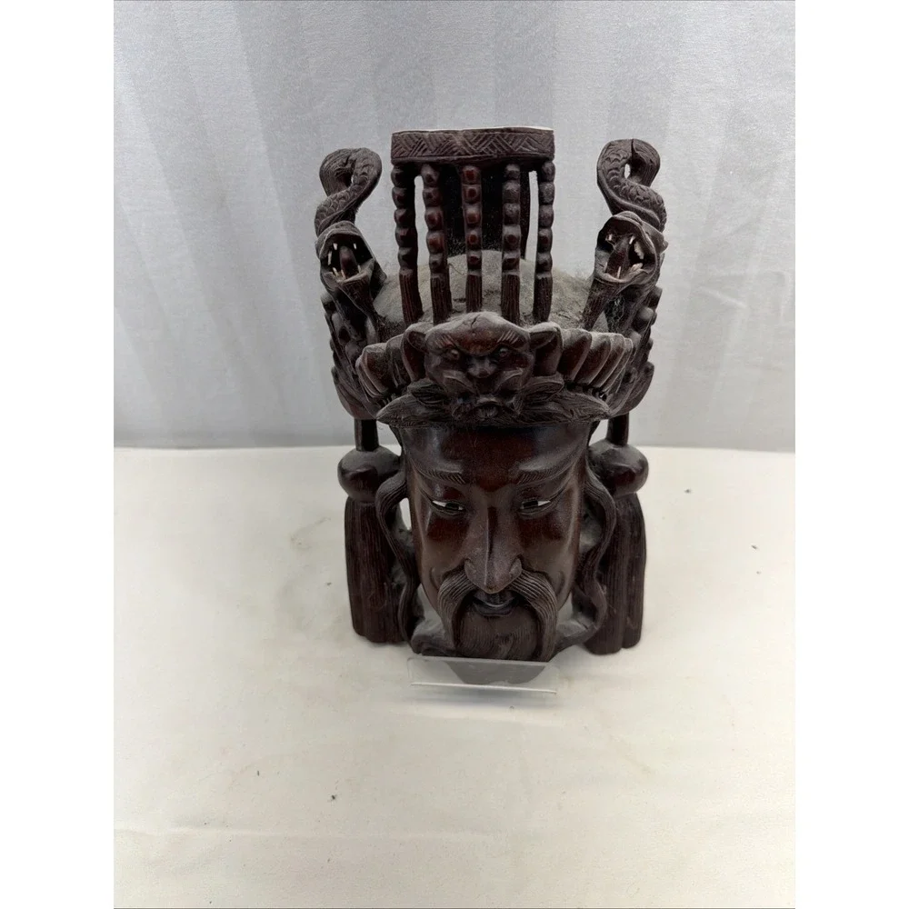 Vtg Asian Chinese Deity Carved Wood Emperor Wall Mask Carving Dragons 12x8.25